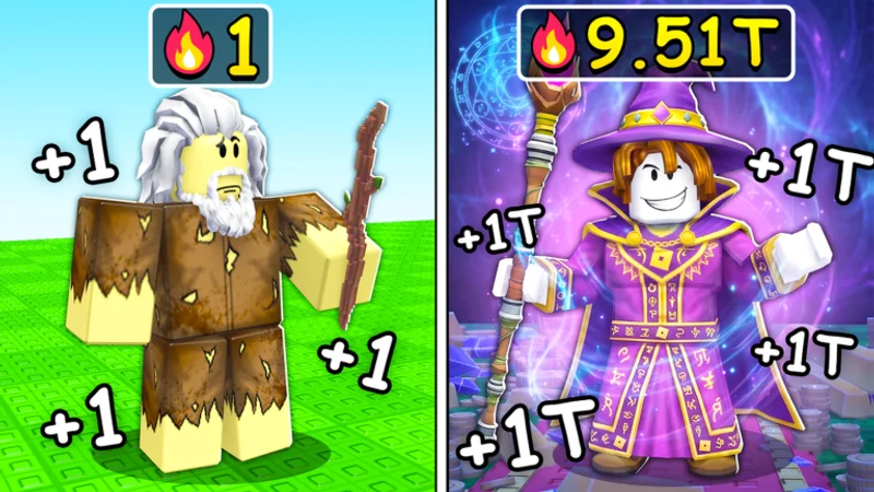 +1 Magic Evolution Roblox gameplay screenshot showing magic clicker combat and wand progression